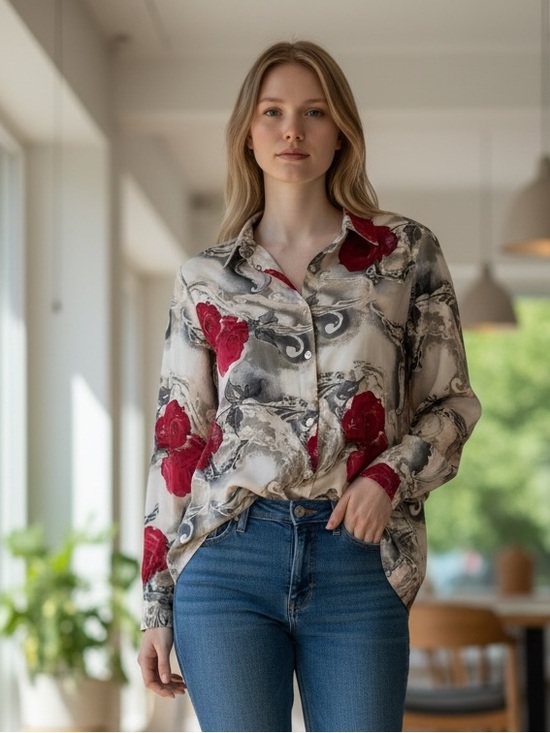 Chico's Tops - Additions by Chico Red Floral Print Button-Up Blouse - Women (2) Large